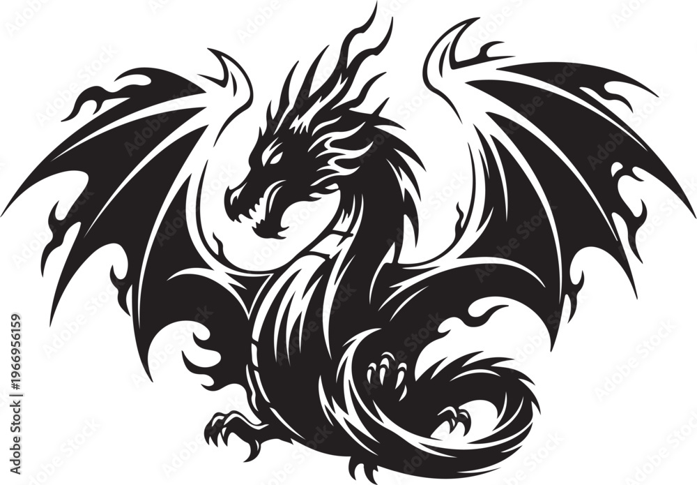 Obraz premium Majestic black dragon with wings spread wide in darkness
