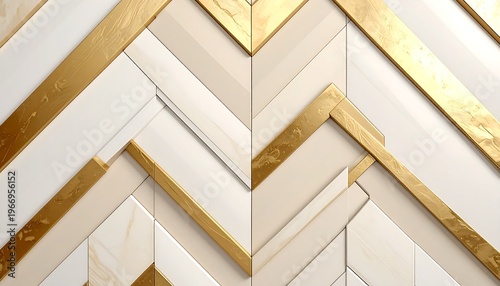 A geometric abstract composed of beige, cream, and gold tile in a herringbone pattern with angled accents