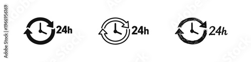 24 Hour Service Icon Set. Round-the-clock support and continuous operation symbols in various styles.