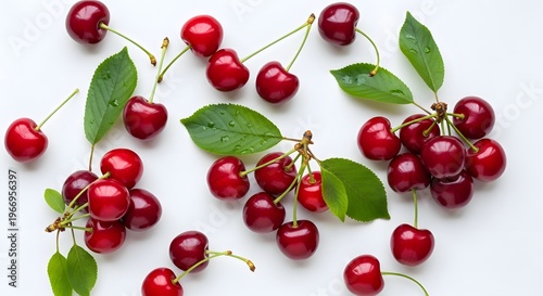 Fresh cherries with stems and green leaves on a white background