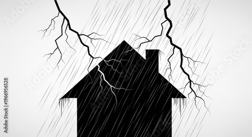 House silhouette struck by lightning during a storm.