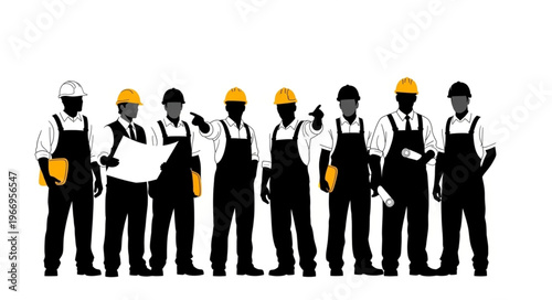 Diverse group of construction workers standing together ready for work.
