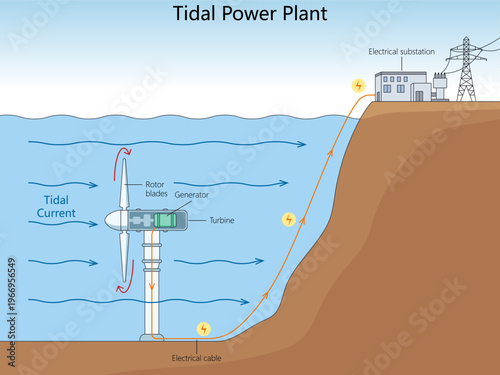 tidal power plant, rotor blades, generator, and electrical substation converting ocean currents into renewable electricity diagram hand drawn schematic vector. Science educational illustration