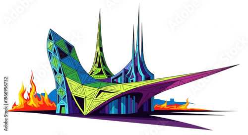 Futuristic Architectural Design with Sharp Angles and Vibrant Colors.