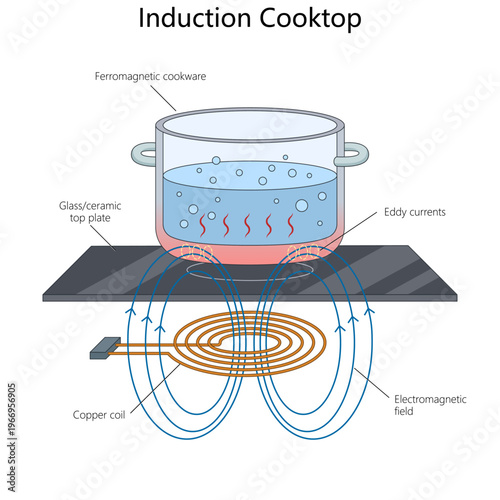 induction cooking principle using electromagnetic field, copper coil, and eddy currents to heat ferromagnetic cookware efficiently diagram hand drawn schematic vector. Science educational illustration