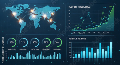 Global business intelligence dashboard with world map, charts, and market share data