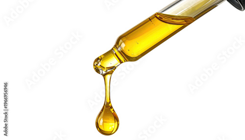 Golden liquid drop hanging from clear glass dropper against black background