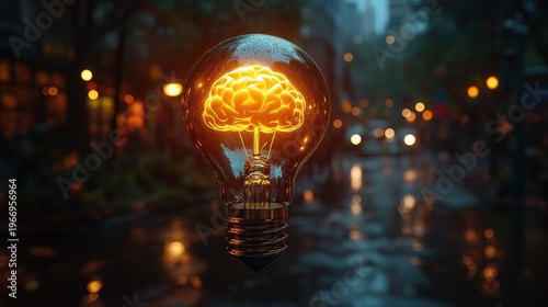 Glowing Brain Inside Light Bulb on Wet Urban Street at Night with Bokeh Reflections - Concept of Idea, Intelligence, Innovation
