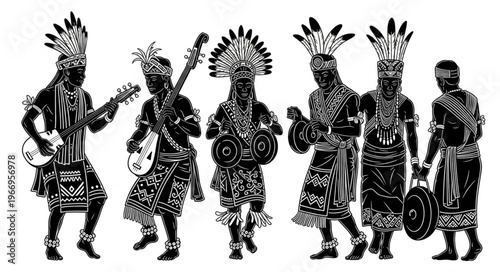 Group of Indigenous People in Traditional Tribal Attire Dancing and Playing Music.