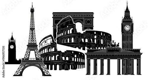 Famous European Landmarks Silhouette Collection.