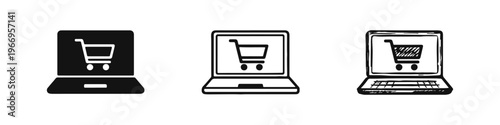Online Shopping Laptop Icon Set. E-commerce and digital marketplace symbols in solid, outline, and doodle styles.