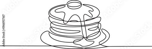 Continuous one line drawing of a tall stack of pancakes drizzled with dripping syrup. one line Icon drawing