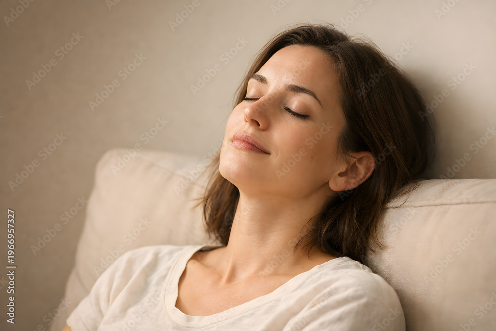 Fototapeta premium Serene repose of a young woman enjoying a quiet moment of blissful calm indoors