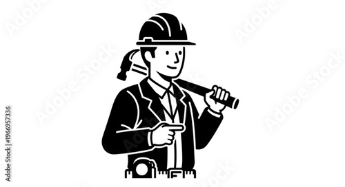 Construction worker with hammer and hard hat pointing forward.
