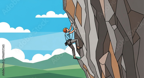 Person climbing a steep rock face with a harness and helmet.