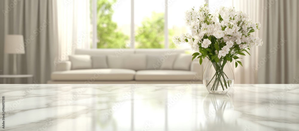 Fototapeta premium Marble tabletop with flowers, living room view