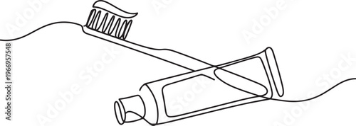Toothbrush and paste continuous one line drawing and minimalist style isolate outline vector illustration. one line Icon drawing