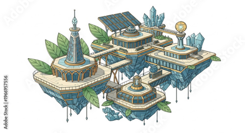 Fantasy floating islands with ornate architecture and crystal formations.