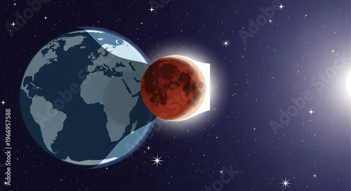 Earth and Moon during a Blood Moon eclipse in starry night sky.