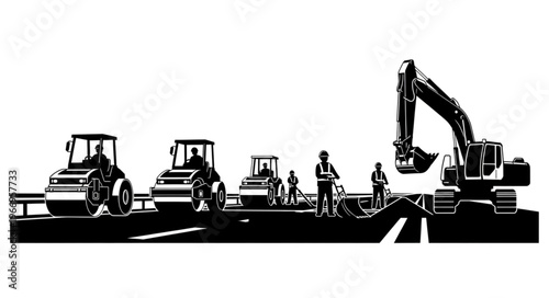 Construction vehicles and workers on a road project.