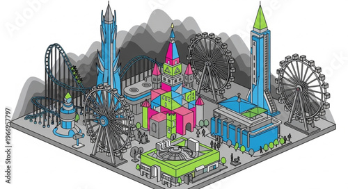 Pixel Art Amusement Park with Rides and Attractions.