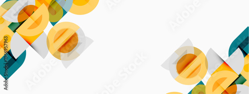 Abstract geometric shapes overlap, creating dynamic visual composition. Yellows, greens, blues dominate white background. Modern design elements present.