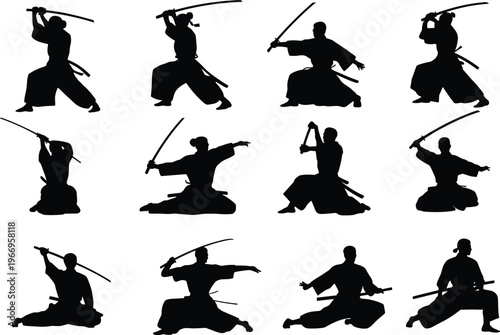Samurai silhouettes vector set, Japanese sword fighters collection, katana martial arts poses, black white warrior illustration, traditional combat design