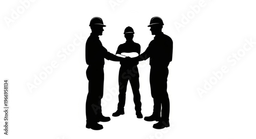 Three construction workers shaking hands in silhouette.