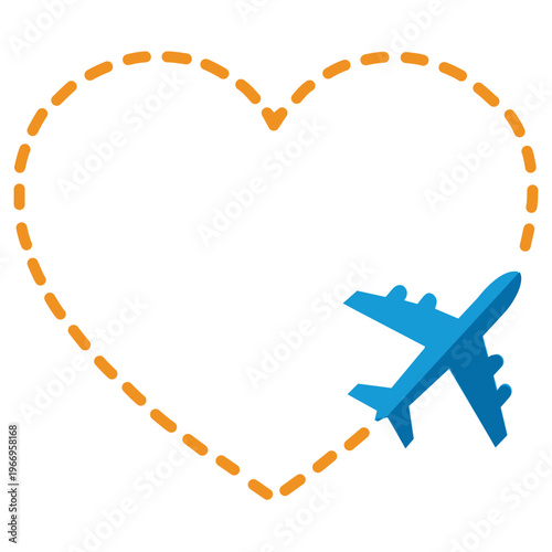 Airplane flying in heart shape dashed line, love travel concept, blue plane icon with romantic flight path and trajectory trail