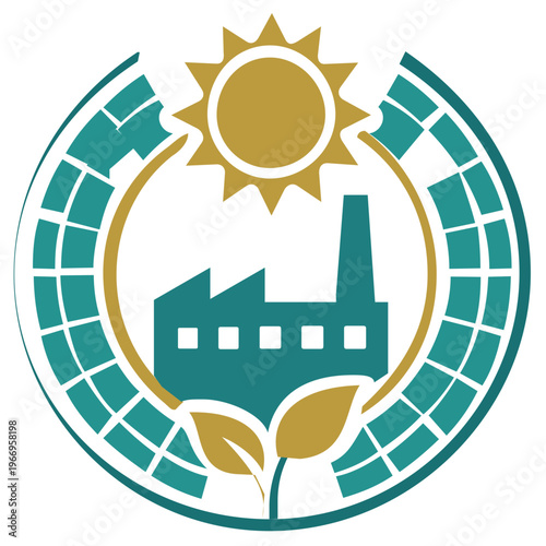 Green energy industry with solar panels on earth and recycle icon, renewable power generation and sustainable factory concept