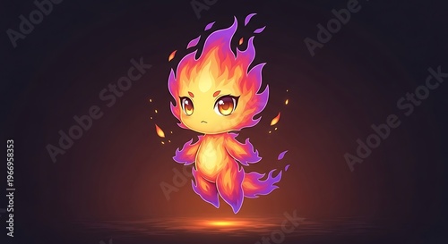 Cute cartoon fire spirit creature standing.