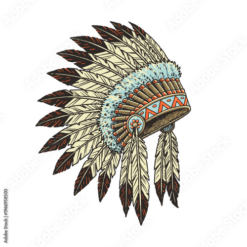 Traditional Feather War Bonnet in Hand Drawn Color Illustration
