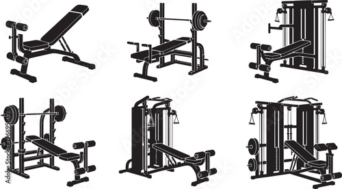 Assortment of gym equipment illustrations showcasing adjustable weight benches and multi-station workout machines, perfect for home fitness and professional strength training