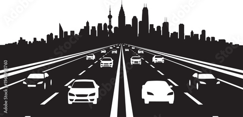 Dynamic black and white illustration depicting a busy multi-lane highway with numerous cars heading towards a prominent cityscape, symbolizing modern urban travel and commuting