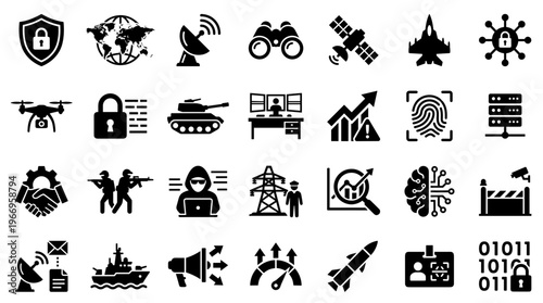 Modern technology and security icons representing global defense cyber warfare intelligence surveillance and digital innovation concepts