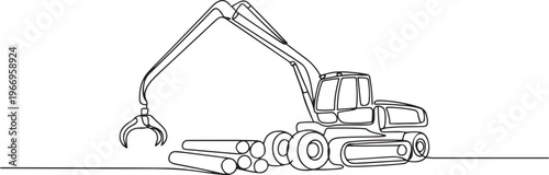 Continuous one line drawing forestry harvester or logging forwarder. Articulated crane, specialized machinery for wood harvesting, transportation. one line Icon drawing