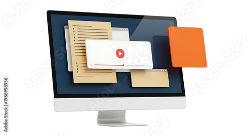 A computer monitor displaying a video player and various documents on screen isolated on transparent background.