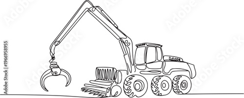 Continuous one line drawing forestry harvester or logging forwarder. Articulated crane, specialized machinery for wood harvesting, transportation. one line Icon drawing