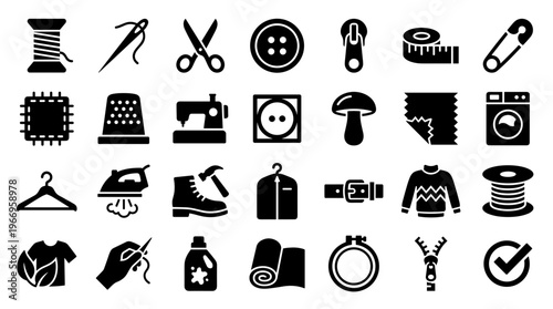 Collection of sewing and tailoring icons representing clothing repair and creation tools and supplies for fashion design and crafting