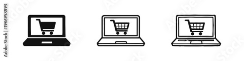 E-commerce Laptop and Shopping Cart Icon Set. Online retail and digital buying symbols in solid, outline, and doodle styles.