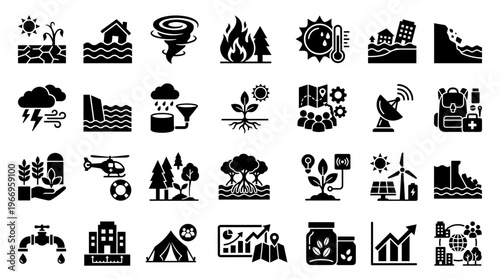 Collection of icons representing natural disasters climate change environmental issues sustainability and disaster management solutions