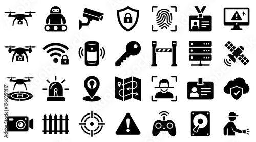 Modern security and surveillance technology icons representing protection data access control and safety systems for digital and physical environments