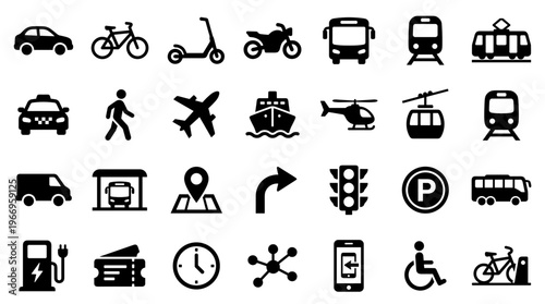 Collection of diverse transportation icons representing various modes of travel and urban mobility solutions for modern life