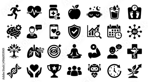 Collection of health and wellness icons representing fitness, medicine, healthy lifestyle, and technology in a modern flat design style