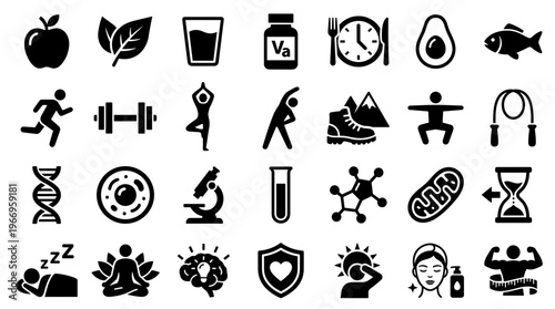 Healthy lifestyle icons representing wellness fitness nutrition science and self care concepts