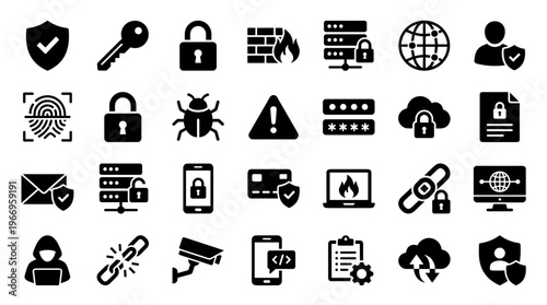 Cybersecurity icons set representing digital security, data protection, privacy, network defense, and online safety concepts