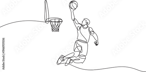 Basketball dunk continuous line. Continuous one line drawing of basketball player jumps high to score with slam dunk. Basketball man action concept. one line Icon drawing