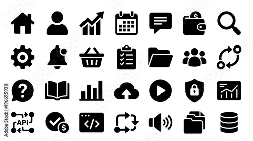 Collection of modern flat design icons representing business finance technology and communication concepts for web and app interfaces
