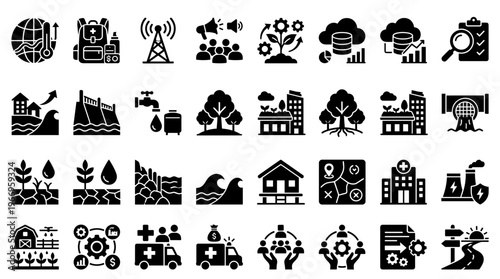 Collection of Icons Representing Global Challenges and Solutions Sustainable Development Technology Infrastructure Healthcare and Community Support