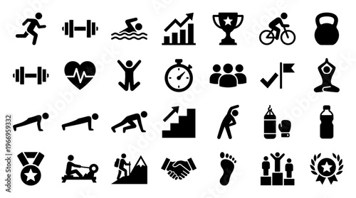 Collection of fitness and sport icons representing healthy lifestyle activities and achievements like running swimming cycling and yoga